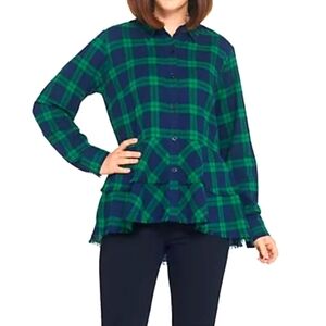 Joan Rivers Green Plaid Peplum Fringe Hem Shirt